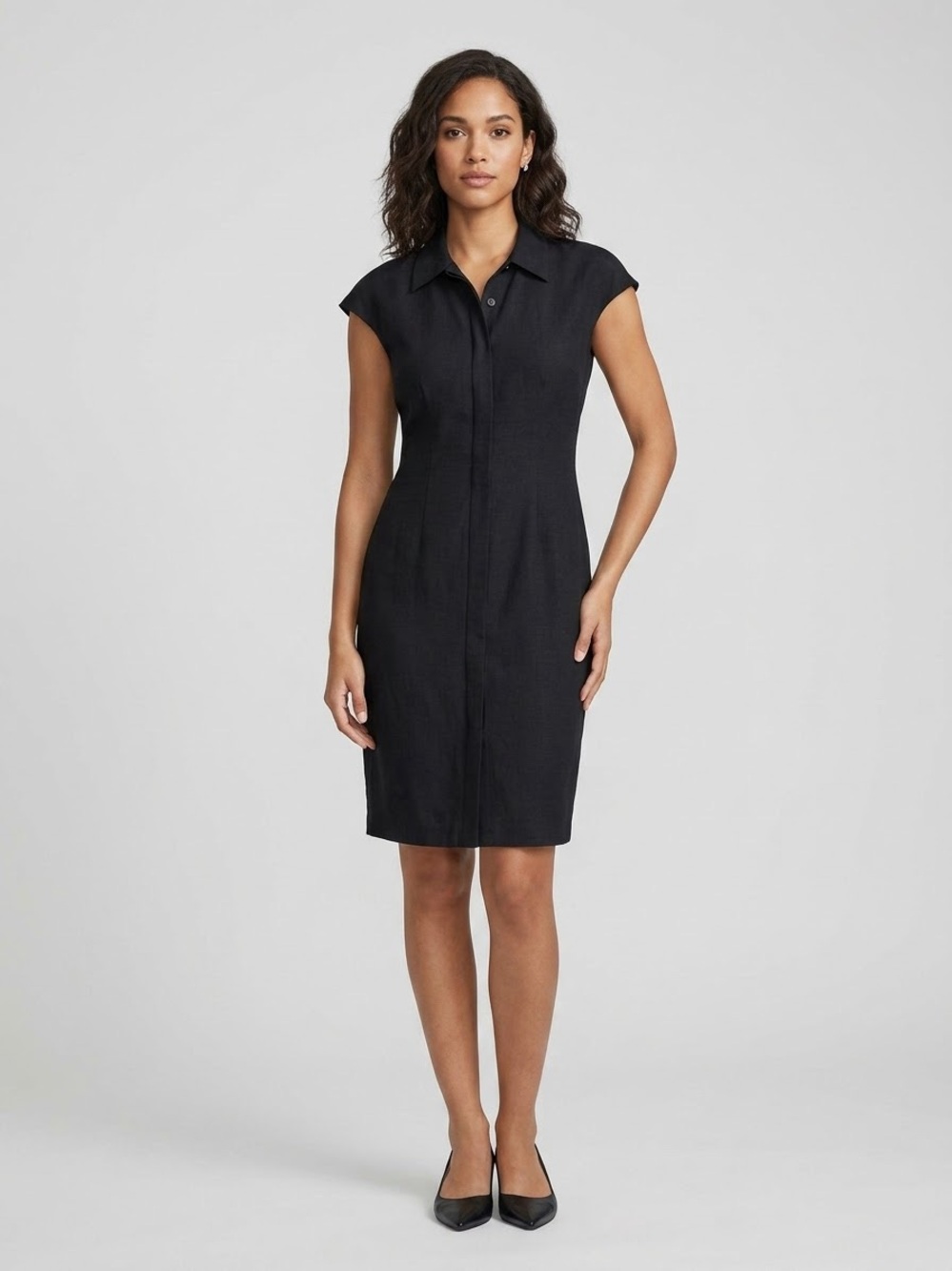 Adrianna Papell Black Sleeveless Collared Button-Front Dress